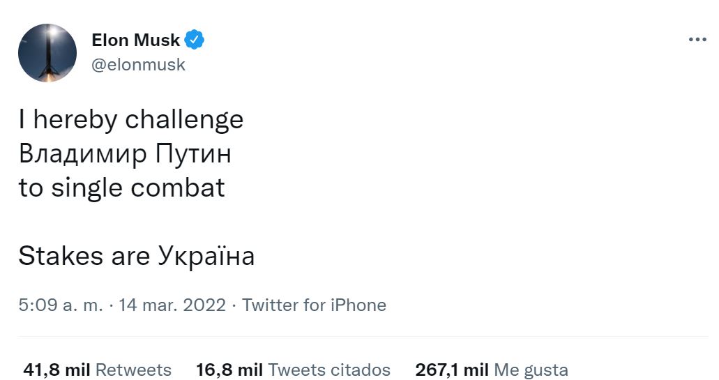 Elon Musk reta a Putin a disputarse Ucrania en una pelea 