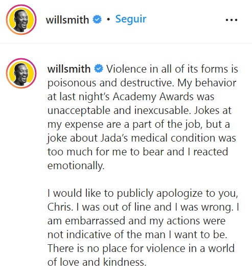 Will Smith se disculpa con Chris Rock por golpearlo