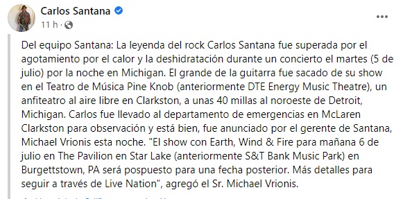 ¿Cómo está Carlos Santana tras desplomarse en concierto?