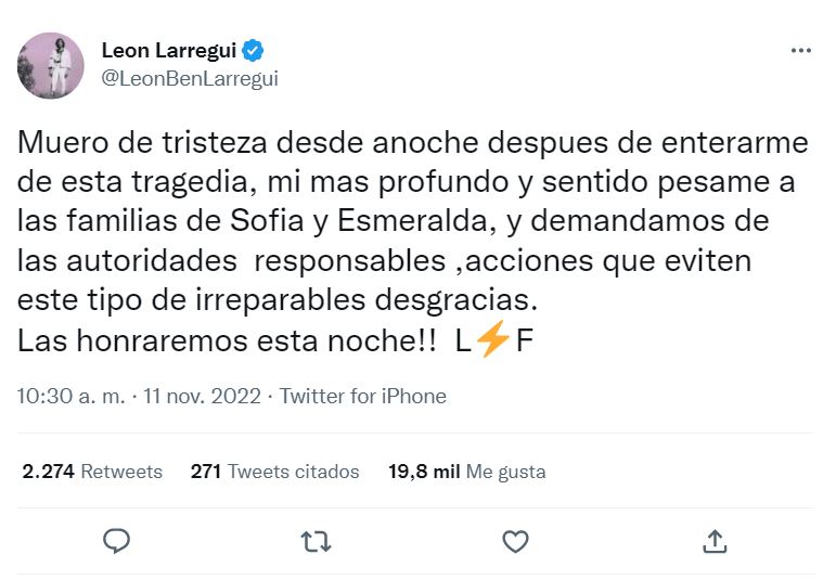 León Larregui lamenta muerte de fans que cayeron en coladera