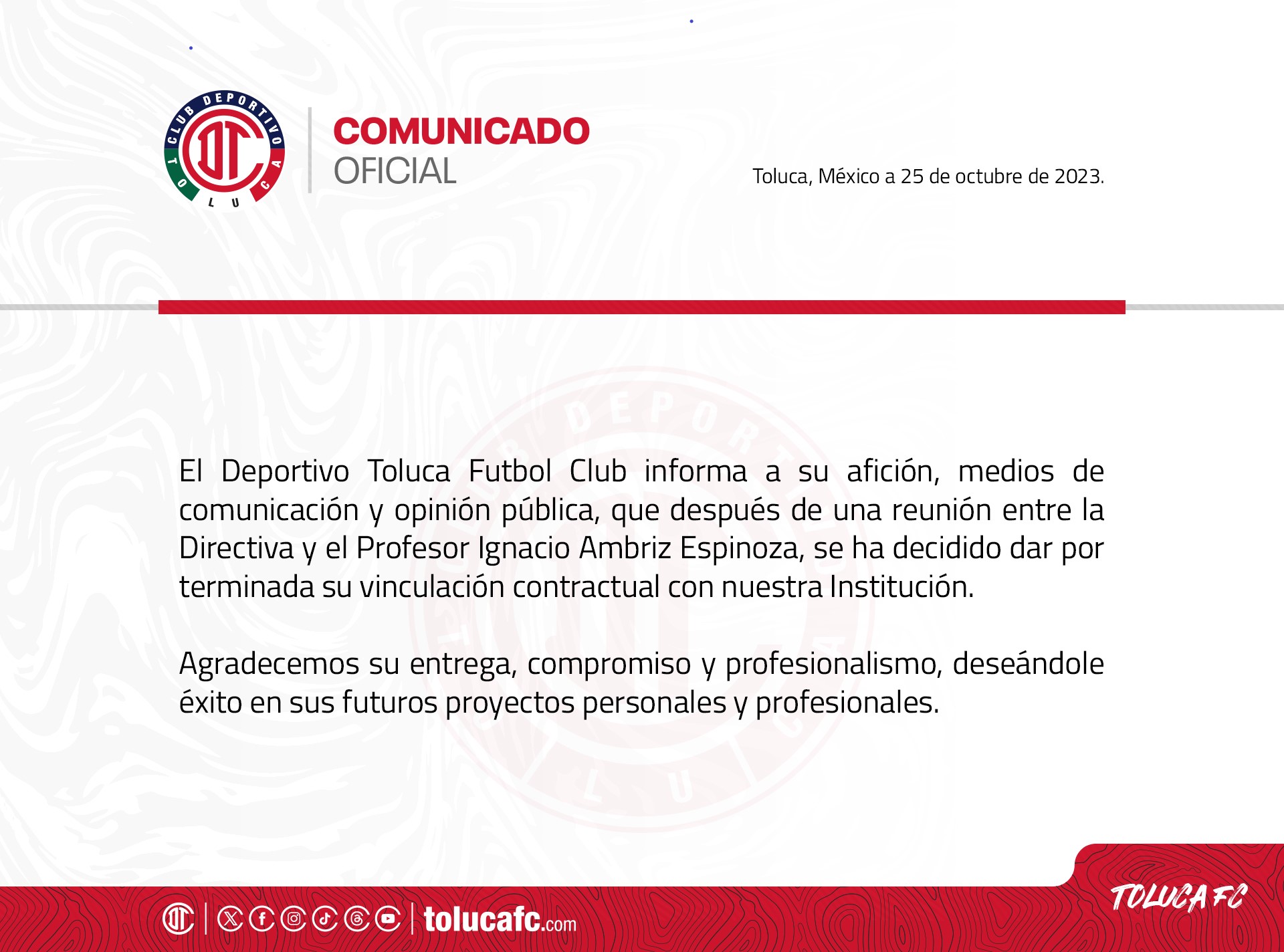 Club Toluca emote comunicado sobre despedida de Ignacio Ambriz