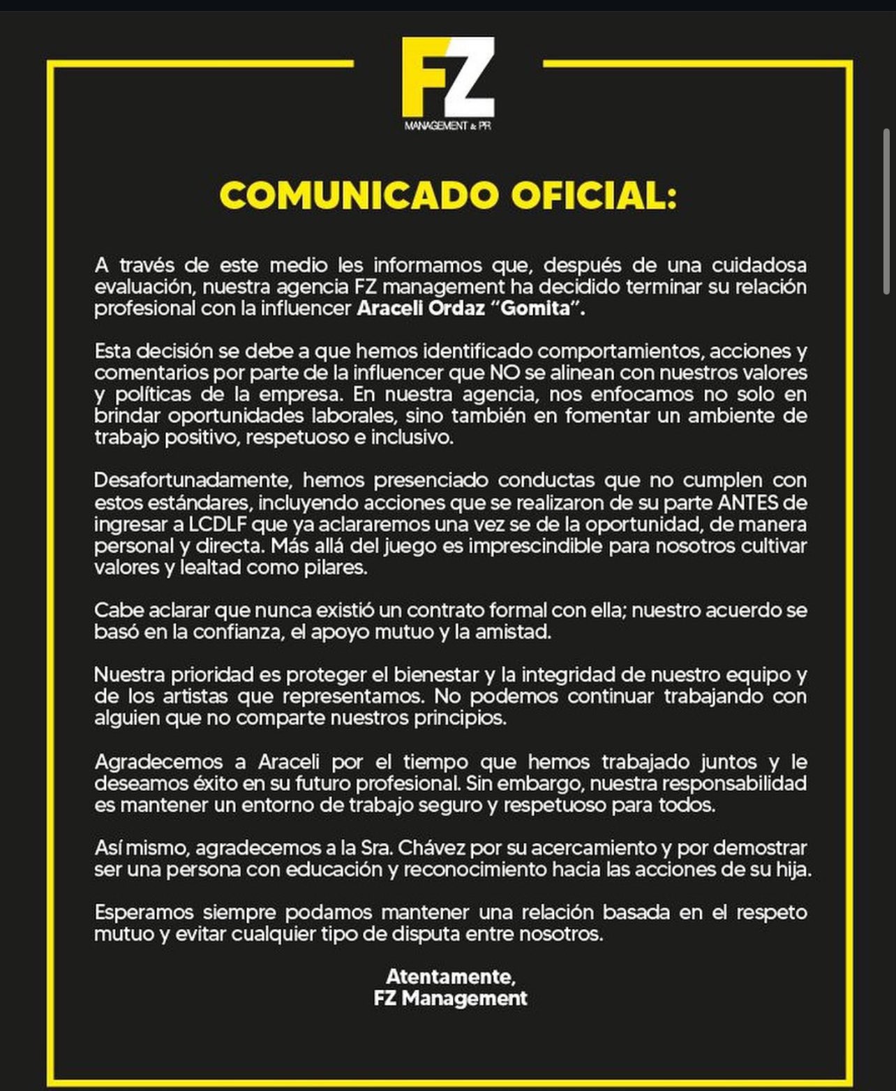 Comunicado de agencia sobre despido de Gomita