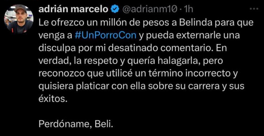 Adrián Marcelo le ofrece un millón de pesos a Belinda por disculparse